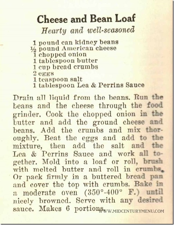 Cheese and Bean Loaf - From Success In Seasoning, Lea & Perrins, 1930